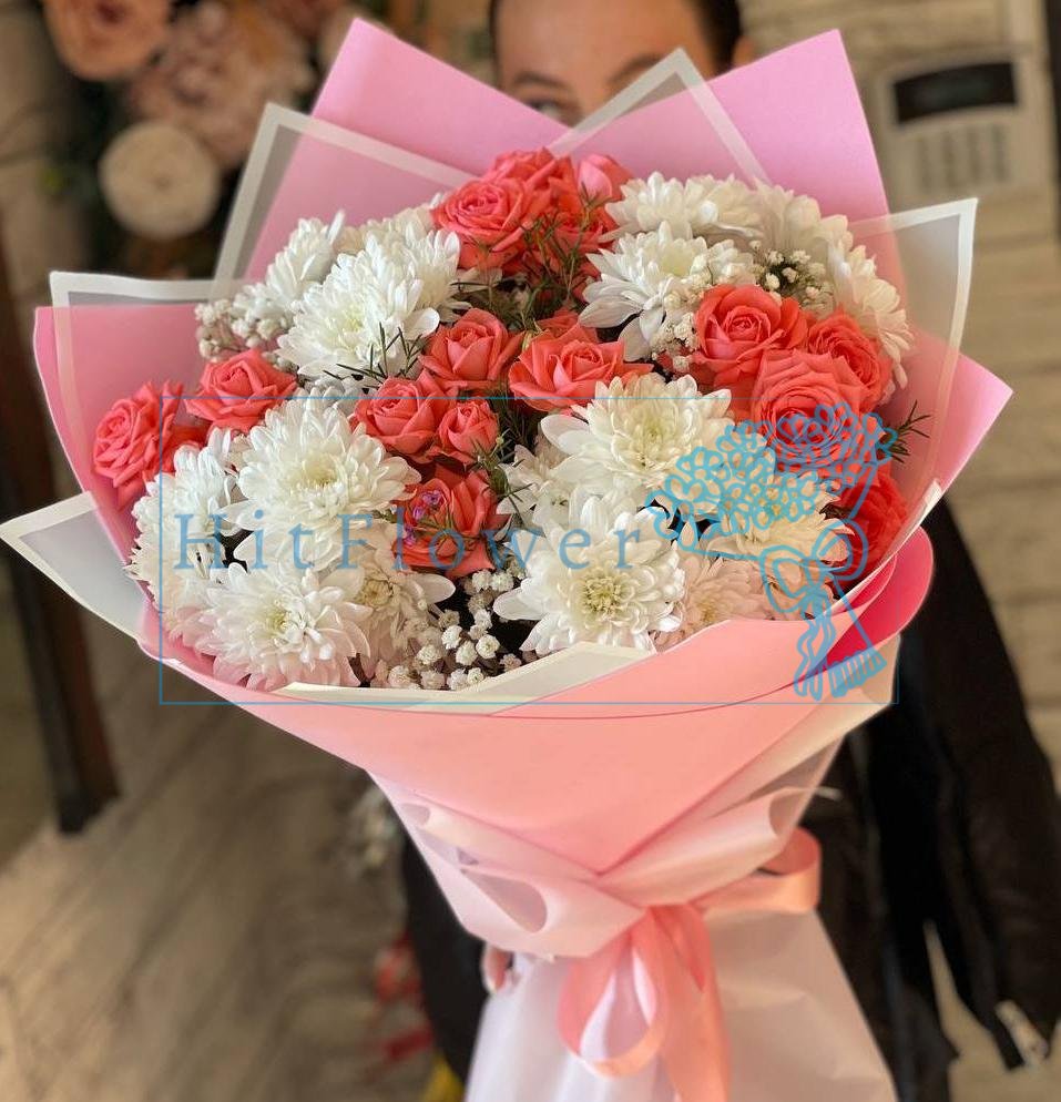 Букет цветов из: Хризантемы и Розы